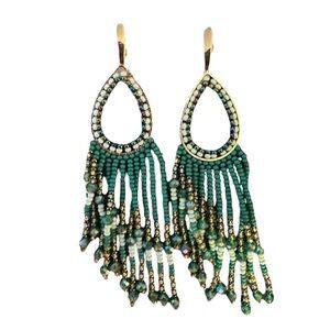 NWT Elegant Green Gold Beaded Teardrop Dangle Earrings Dorado Boutique $78 MSRP